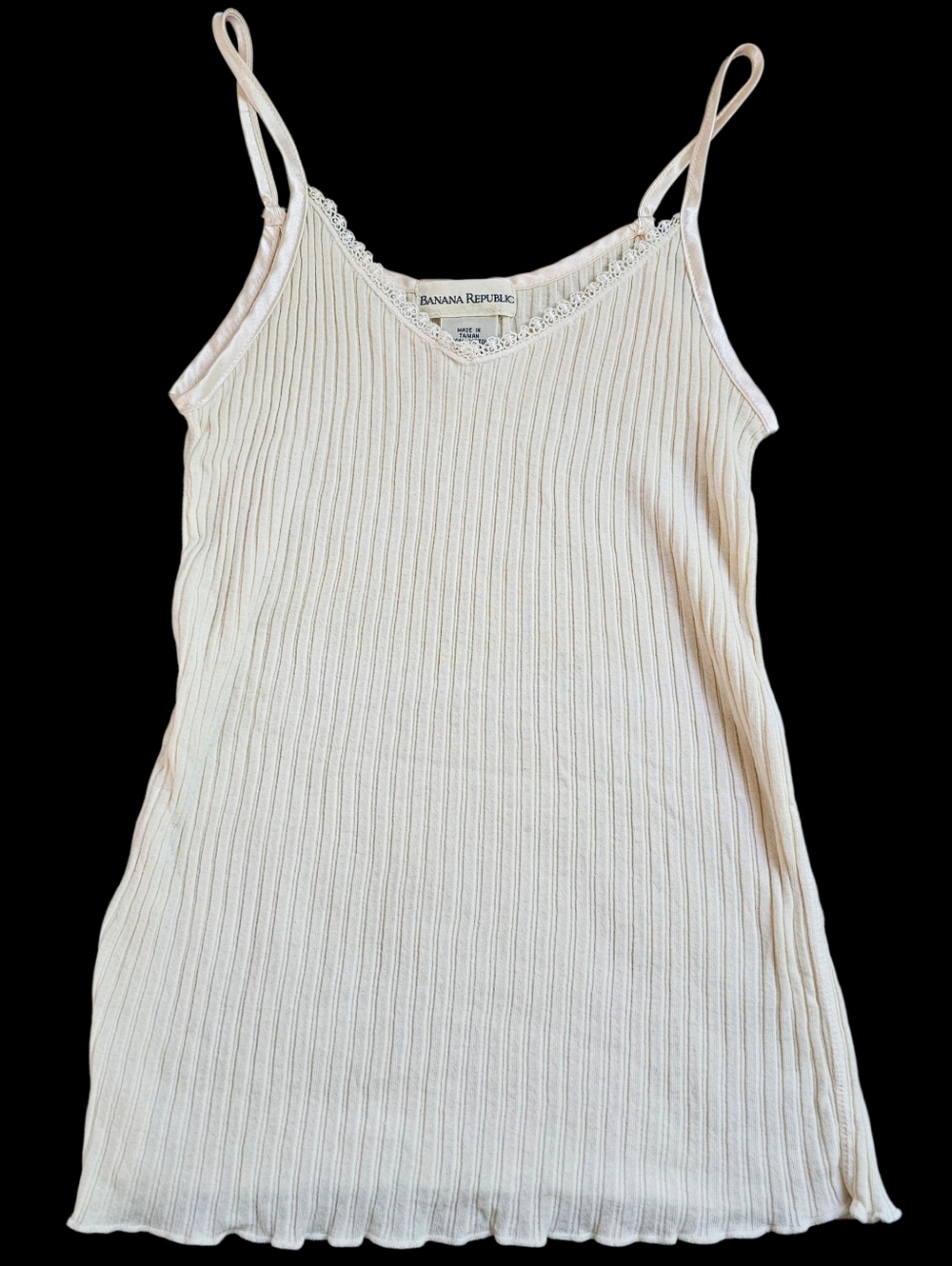 Y2K Vintage Lace Trim Camisole Top XS Cream Ribbed Cotton Coquette 90s Dainty